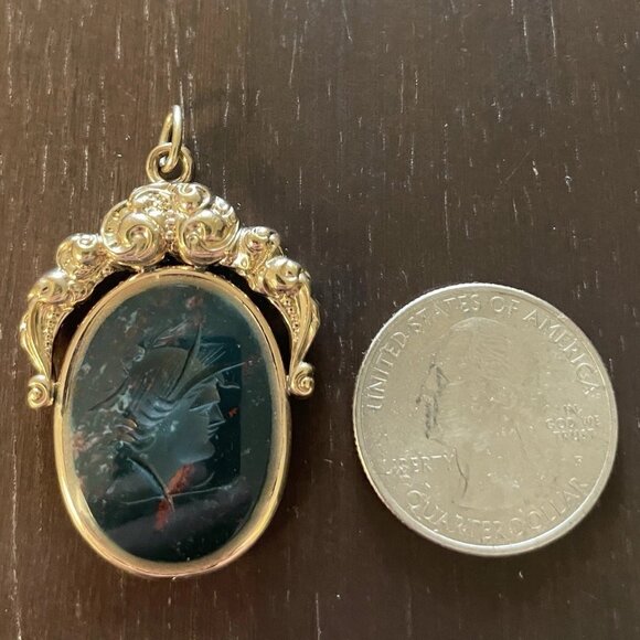 10K Gold and Gold-Filled GLOWING Goddess Athena Bloodstone Intaglio Amulet! - Picture 4 of 7